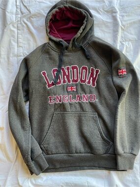 London England Grey Hoodie with Burgundy Lining Size Small